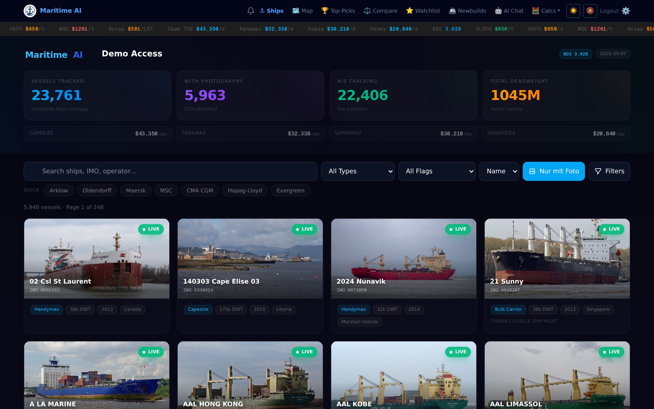 Maritime AI Schiffssuche mit Marktticker und Kennzahlen